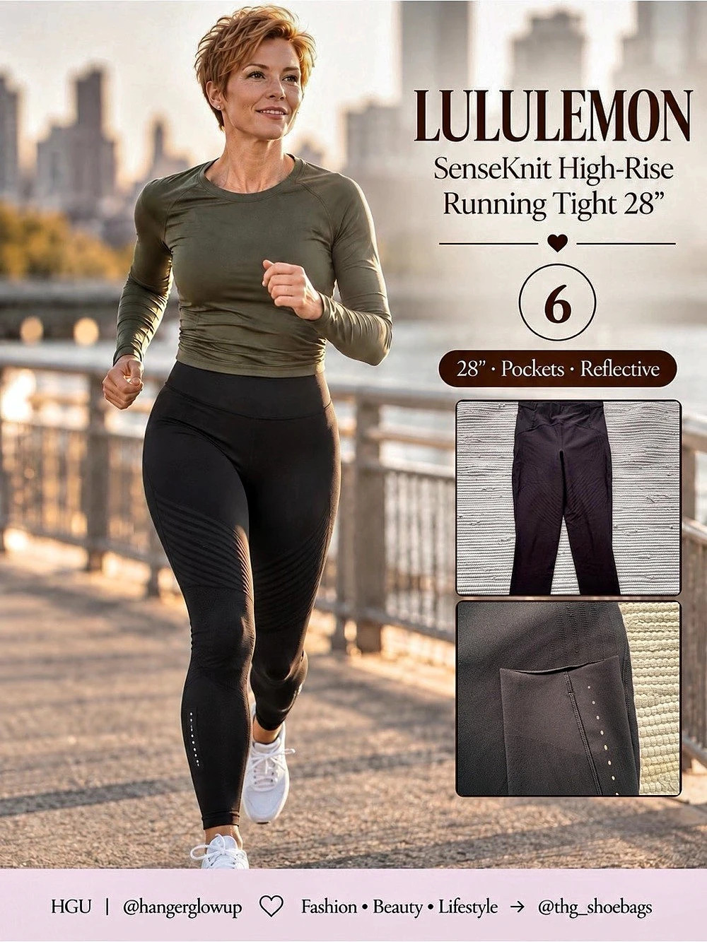 Lululemon SenseKnit High-Rise Running Tight 28" Black Pockets Reflective Size 6